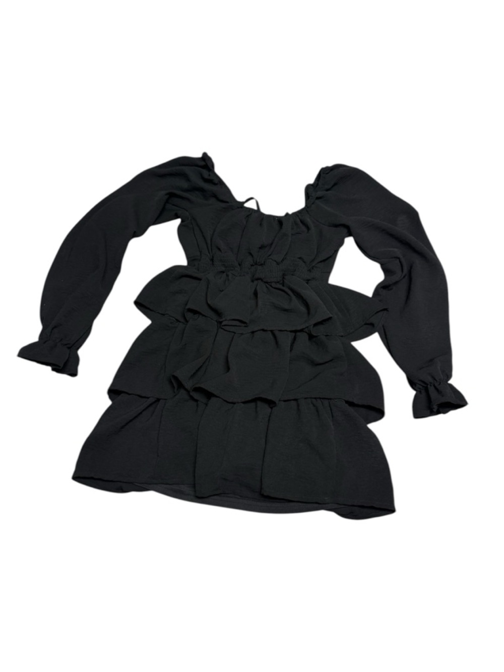 Black Ruffled Long-Sleeve Tiered Mini Dress